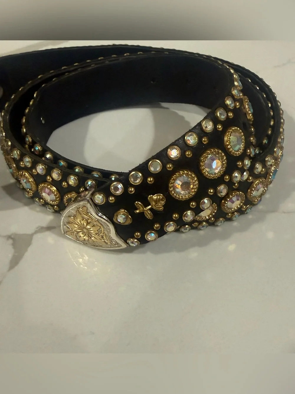 Kippys Black Crystal Belt with Silver and Gold Tone Buckle